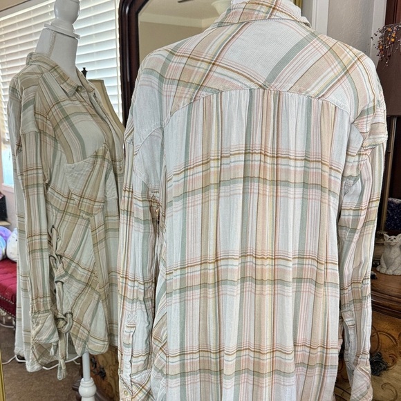 Free People Nordic Plaid Pastel Striped Button Down Shirt - Picture 7 of 14